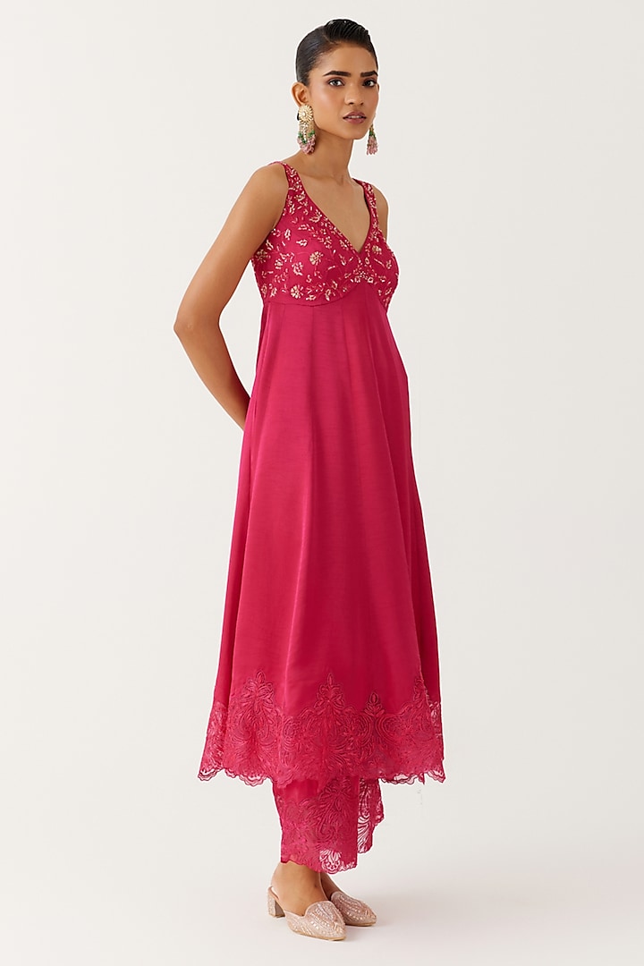 Fuchsia Pink Satin Sequins Embroidered Wedding Anarkali Set by Devnaagri at Pernia's Pop Up Shop