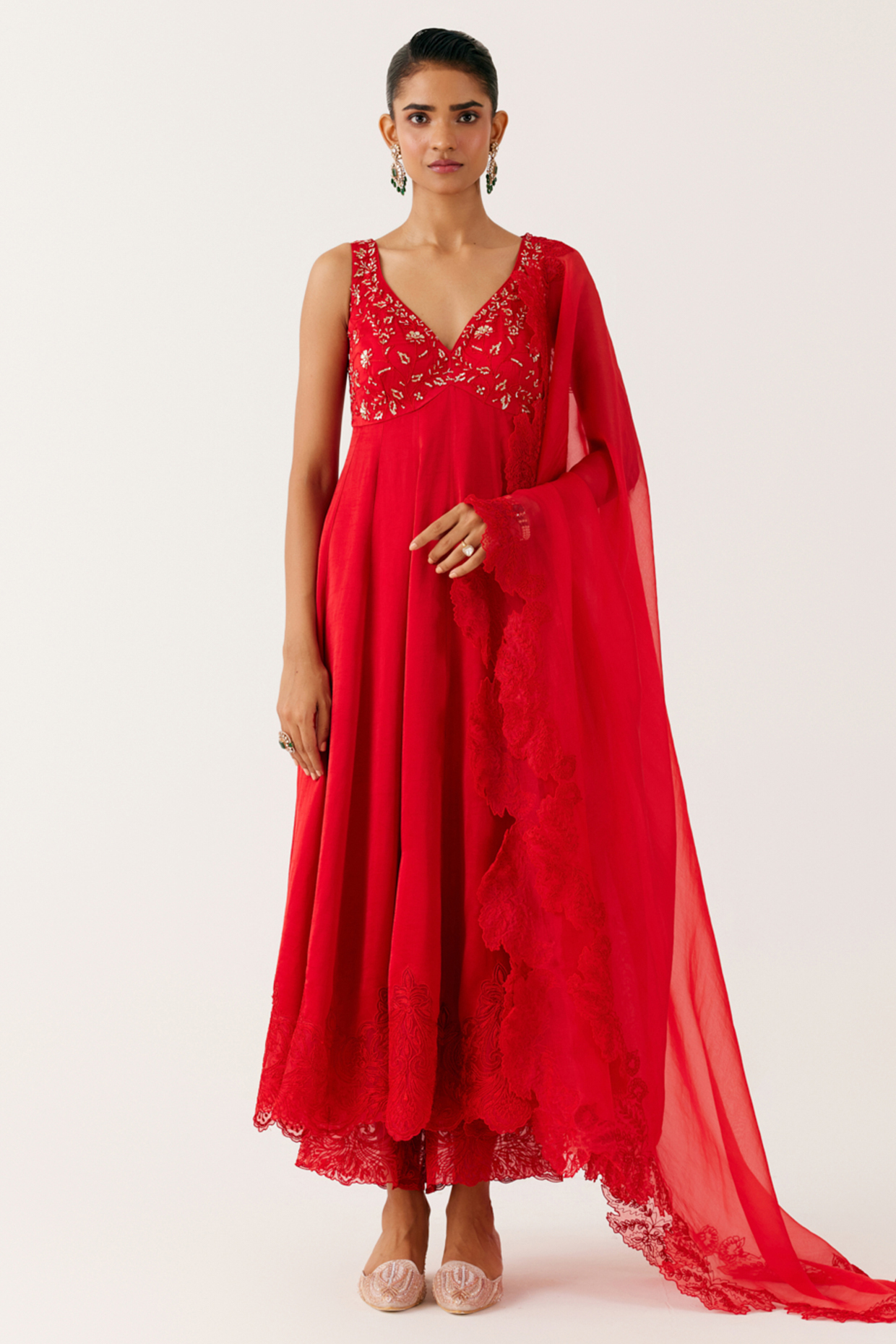 Ruby Red Satin Sequins Embroidered Wedding Anarkali Set by Devnaagri at Pernia's Pop Up Shop