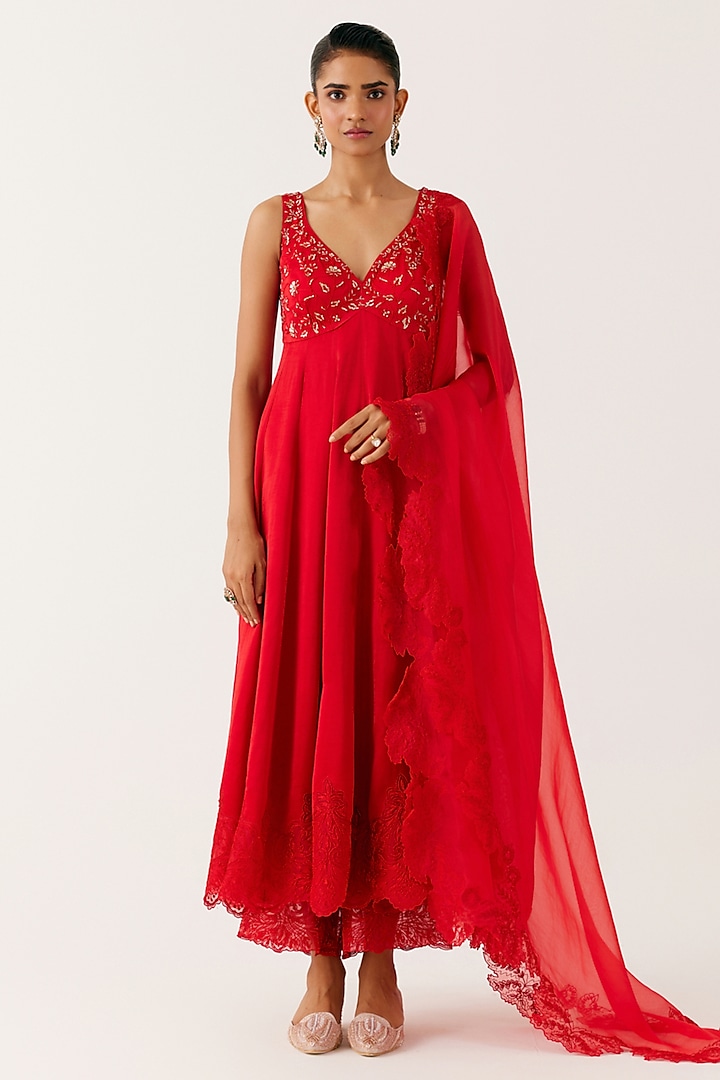 Ruby Red Satin Sequins Embroidered Wedding Anarkali Set by Devnaagri at Pernia's Pop Up Shop