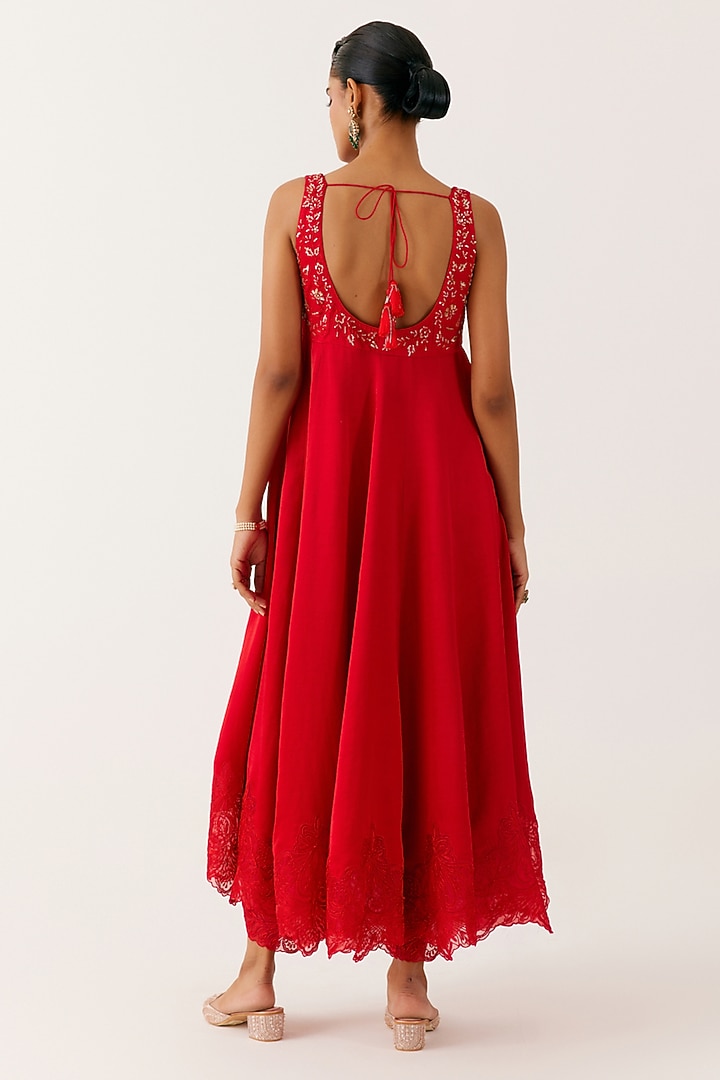 Ruby Red Satin Sequins Embroidered Wedding Anarkali Set by Devnaagri at Pernia's Pop Up Shop