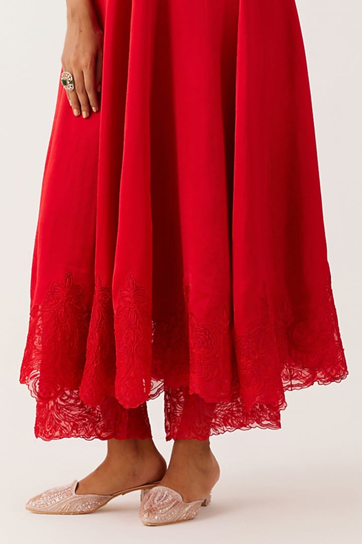 Ruby Red Satin Sequins Embroidered Wedding Anarkali Set by Devnaagri at Pernia's Pop Up Shop