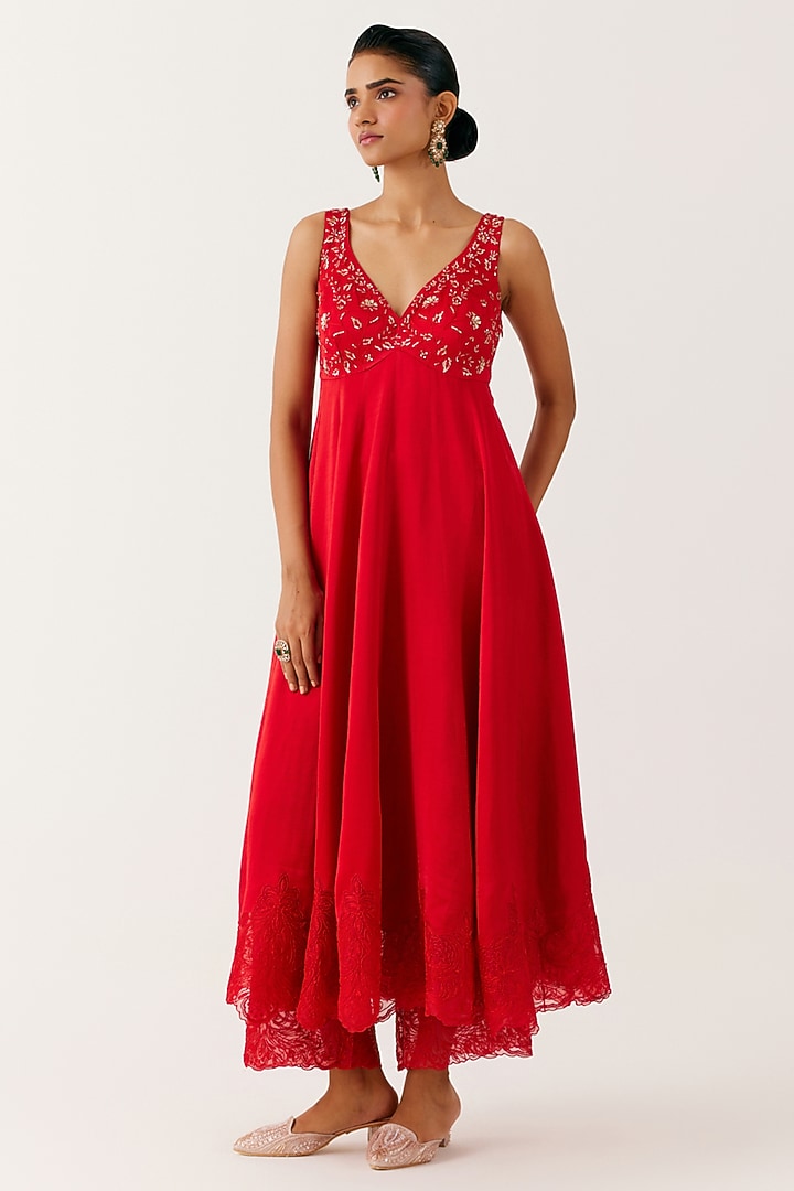 Ruby Red Satin Sequins Embroidered Wedding Anarkali Set by Devnaagri at Pernia's Pop Up Shop