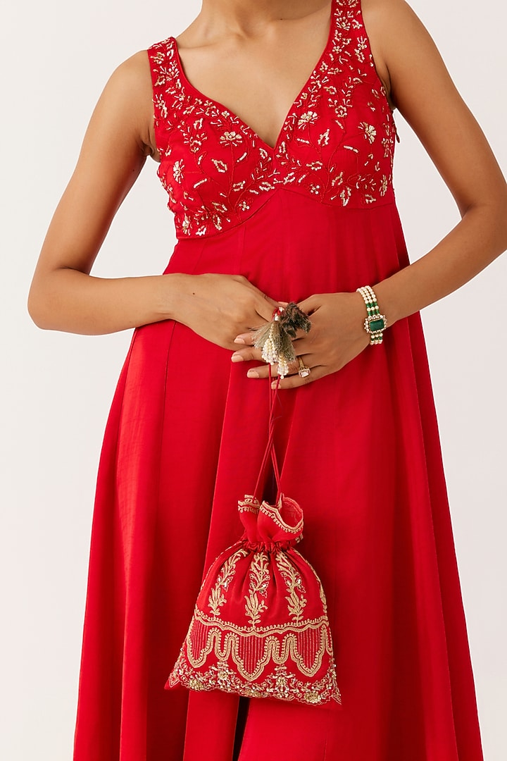 Ruby Red Satin Sequins Embroidered Wedding Anarkali Set by Devnaagri at Pernia's Pop Up Shop