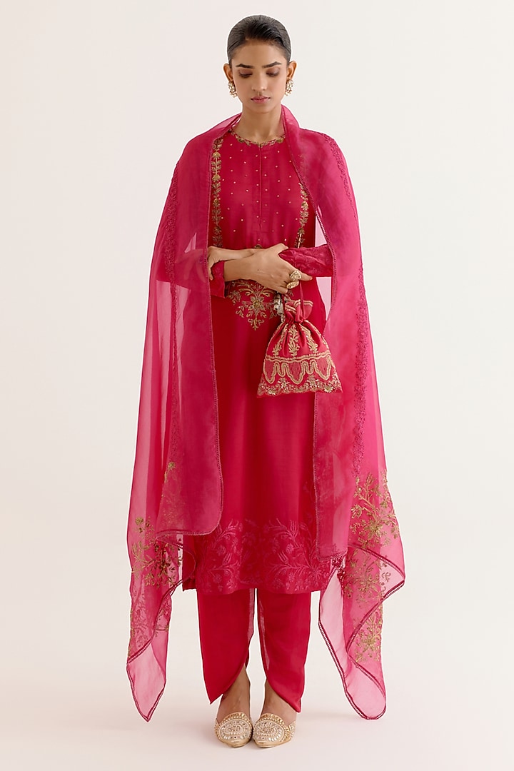 Fuchsia Pink Satin Sequins Hand Embroidered Kurta Set by Devnaagri at Pernia's Pop Up Shop