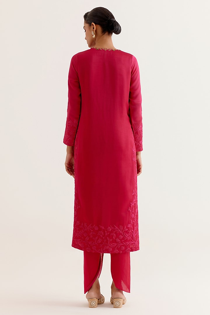 Fuchsia Pink Satin Sequins Hand Embroidered Kurta Set by Devnaagri at Pernia's Pop Up Shop