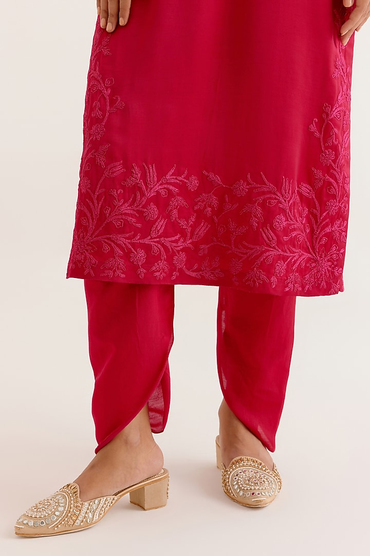 Fuchsia Pink Satin Sequins Hand Embroidered Kurta Set by Devnaagri at Pernia's Pop Up Shop