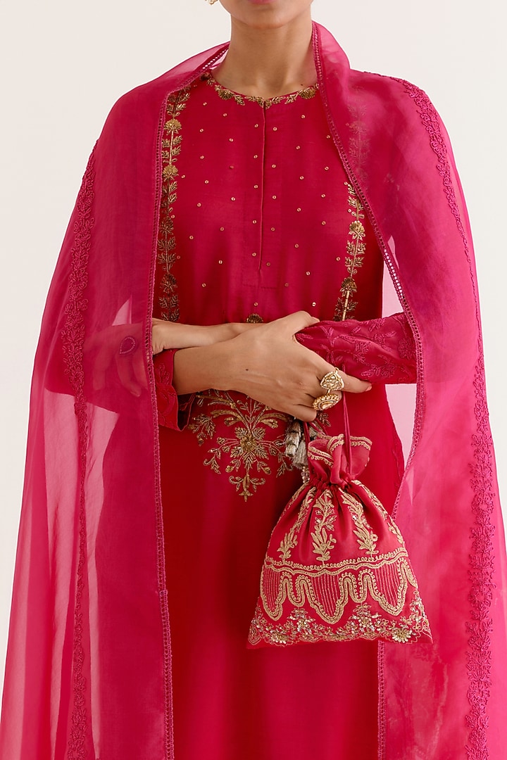 Fuchsia Pink Satin Sequins Hand Embroidered Kurta Set by Devnaagri at Pernia's Pop Up Shop