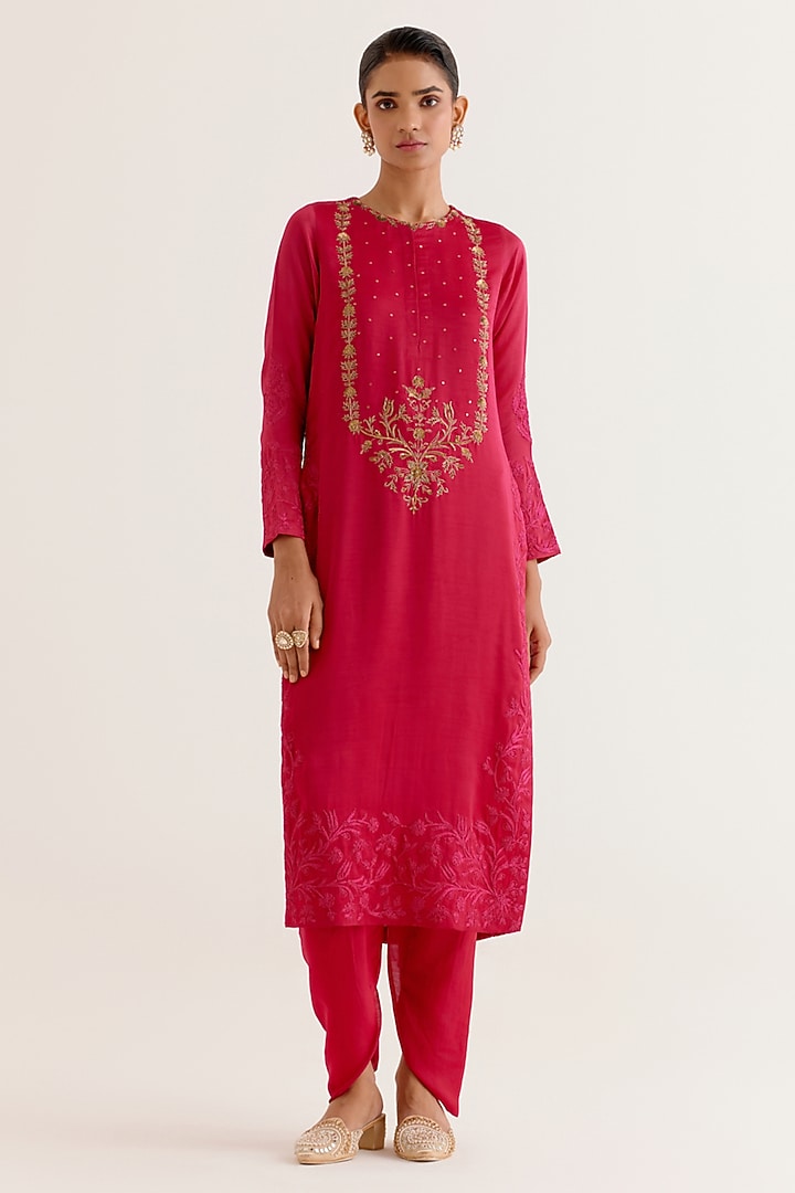 Fuchsia Pink Satin Sequins Hand Embroidered Kurta Set by Devnaagri at Pernia's Pop Up Shop