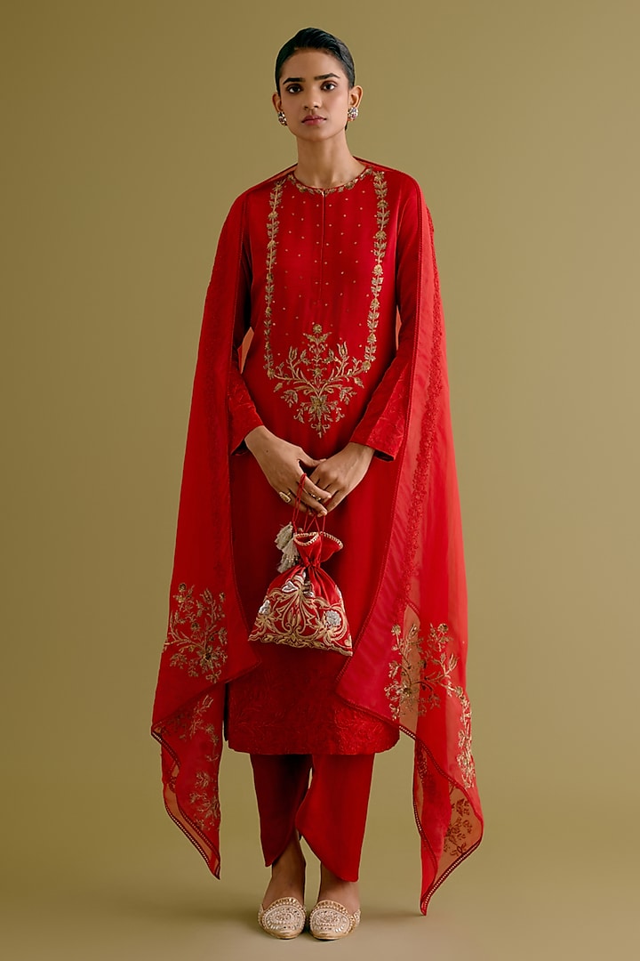 Ruby Red Satin Sequins Hand Embroidered Kurta Set by Devnaagri at Pernia's Pop Up Shop