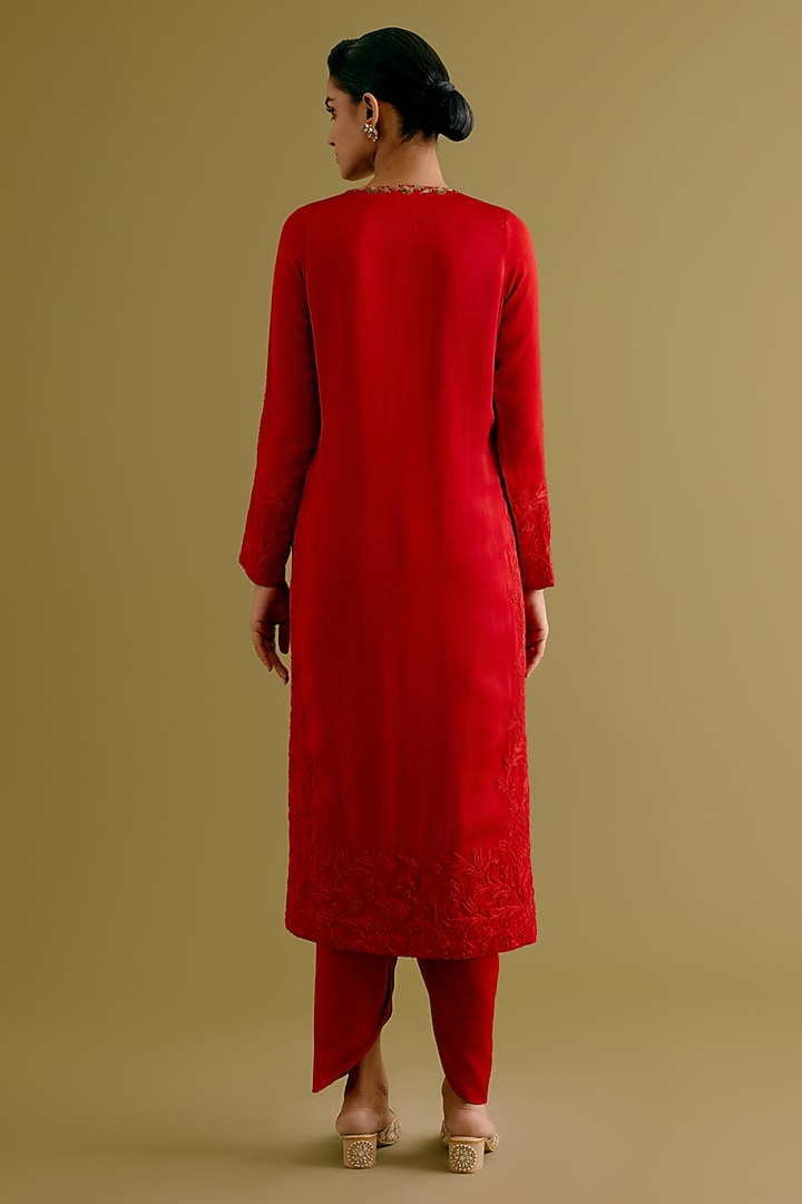 Ruby Red Satin Sequins Hand Embroidered Kurta Set by Devnaagri at Pernia's Pop Up Shop