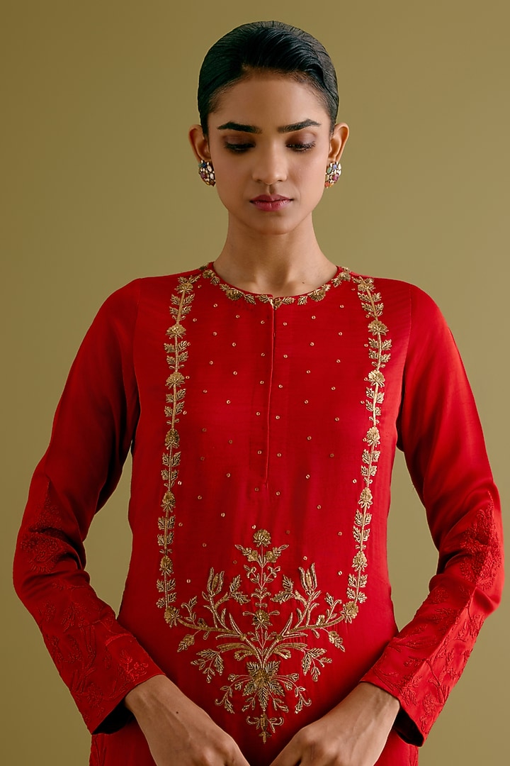 Ruby Red Satin Sequins Hand Embroidered Kurta Set by Devnaagri at Pernia's Pop Up Shop