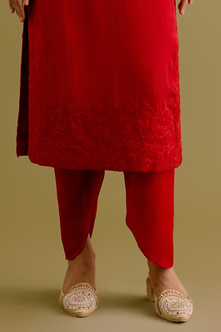 Ruby Red Satin Sequins Hand Embroidered Kurta Set by Devnaagri at Pernia's Pop Up Shop