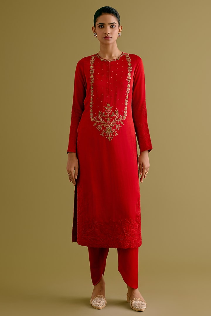 Ruby Red Satin Sequins Hand Embroidered Kurta Set by Devnaagri at Pernia's Pop Up Shop