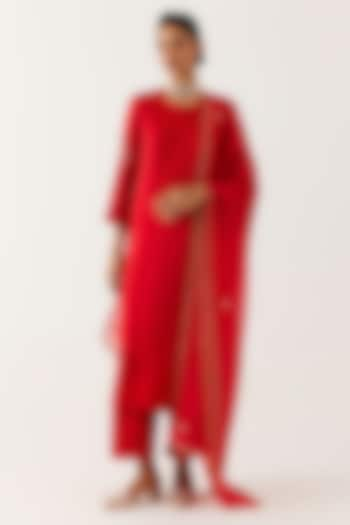 Ruby Red Satin Sequins Embroidered Kurta Set by Devnaagri at Pernia's Pop Up Shop