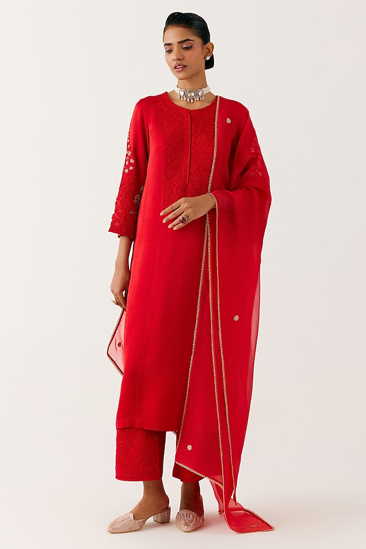 Ruby Red Satin Sequins Embroidered Kurta Set by Devnaagri at Pernia's Pop Up Shop