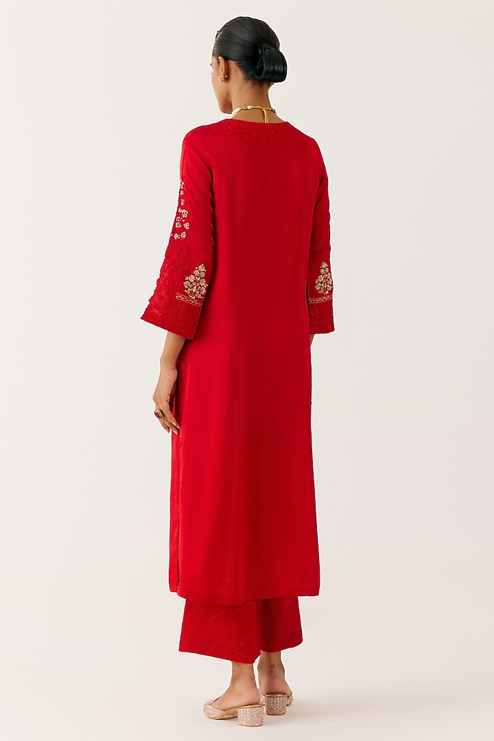 Ruby Red Satin Sequins Embroidered Kurta Set by Devnaagri at Pernia's Pop Up Shop