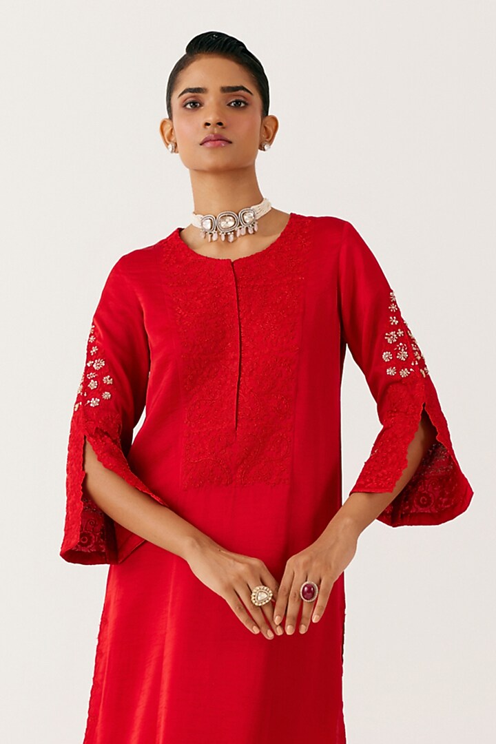Ruby Red Satin Sequins Embroidered Kurta Set by Devnaagri at Pernia's Pop Up Shop