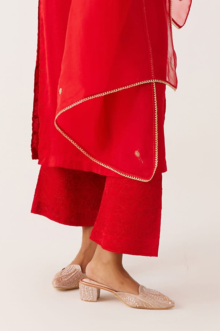 Ruby Red Satin Sequins Embroidered Kurta Set by Devnaagri at Pernia's Pop Up Shop