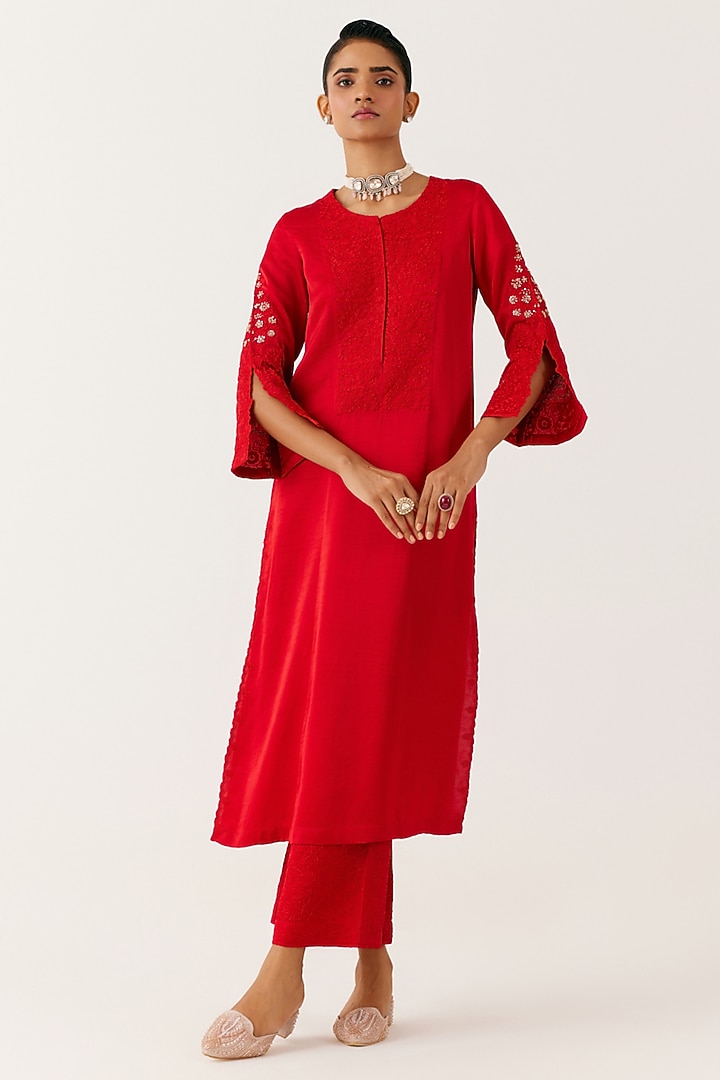 Ruby Red Satin Sequins Embroidered Kurta Set by Devnaagri at Pernia's Pop Up Shop