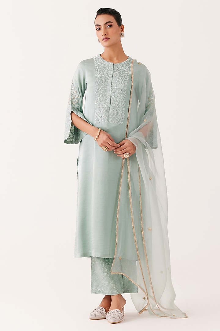 Aqua Blue Satin Sequins Embroidered Kurta Set by Devnaagri at Pernia's Pop Up Shop