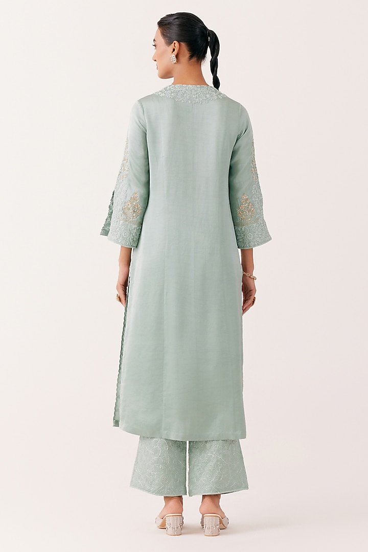 Aqua Blue Satin Sequins Embroidered Kurta Set by Devnaagri at Pernia's Pop Up Shop