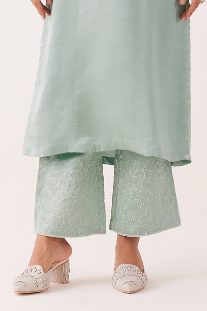 Aqua Blue Satin Sequins Embroidered Kurta Set by Devnaagri at Pernia's Pop Up Shop