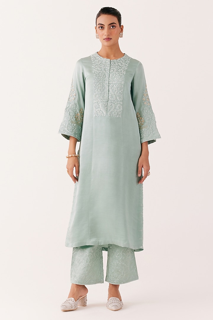 Aqua Blue Satin Sequins Embroidered Kurta Set by Devnaagri at Pernia's Pop Up Shop
