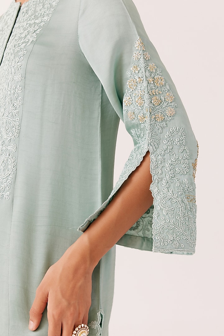 Aqua Blue Satin Sequins Embroidered Kurta Set by Devnaagri at Pernia's Pop Up Shop