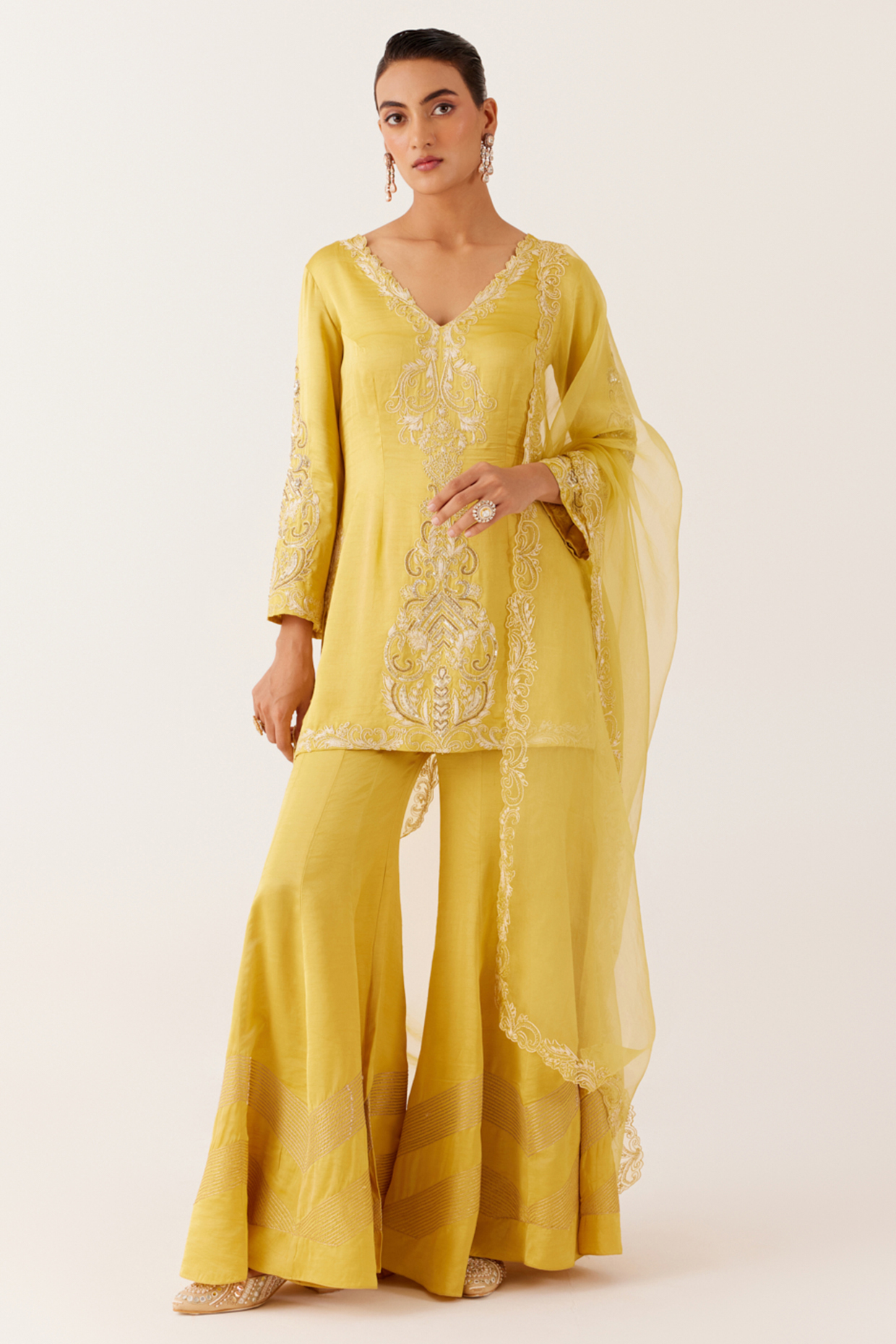 Mustard Yellow Satin Wedding Sharara Set by Devnaagri at Pernia's Pop Up Shop