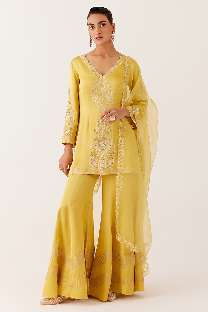Mustard Yellow Satin Wedding Sharara Set by Devnaagri at Pernia's Pop Up Shop