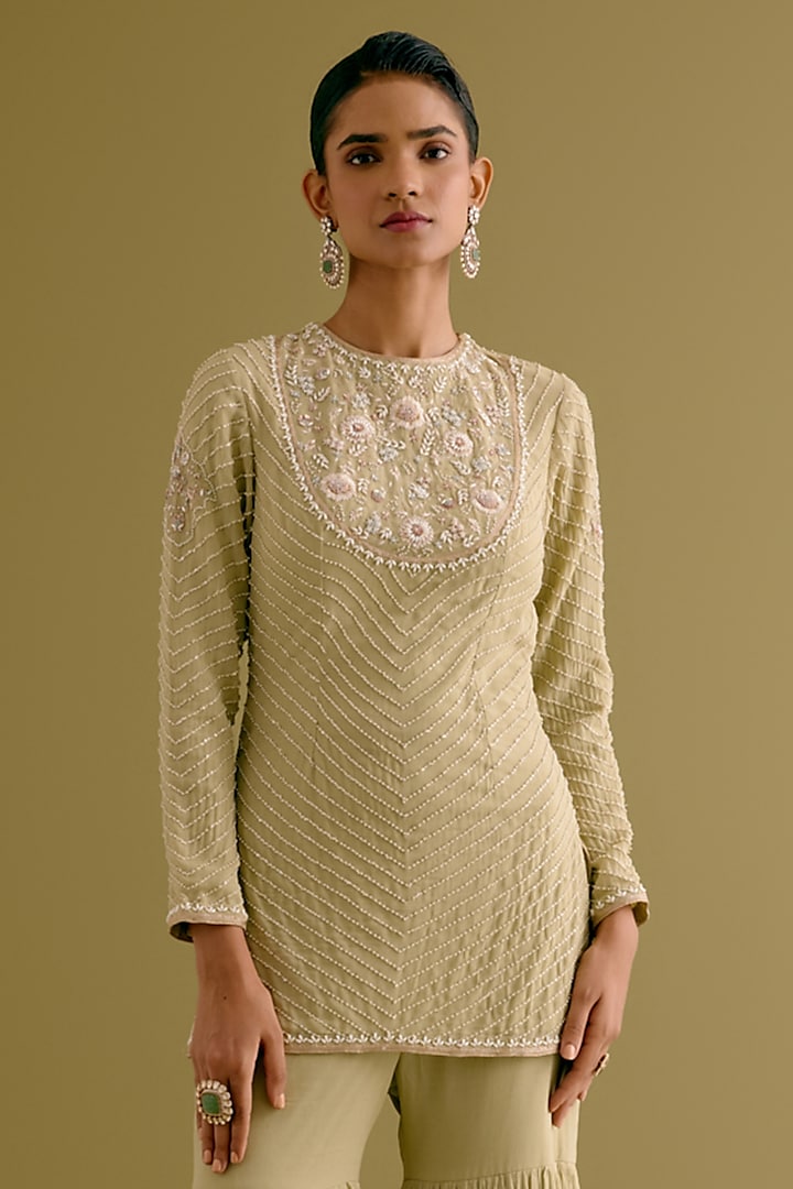 Olive Green Georgette Gharara Set by Devnaagri at Pernia's Pop Up Shop