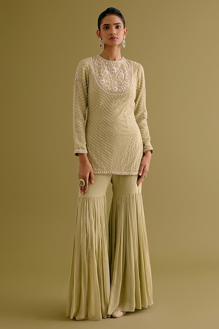 Olive Green Georgette Gharara Set by Devnaagri at Pernia's Pop Up Shop