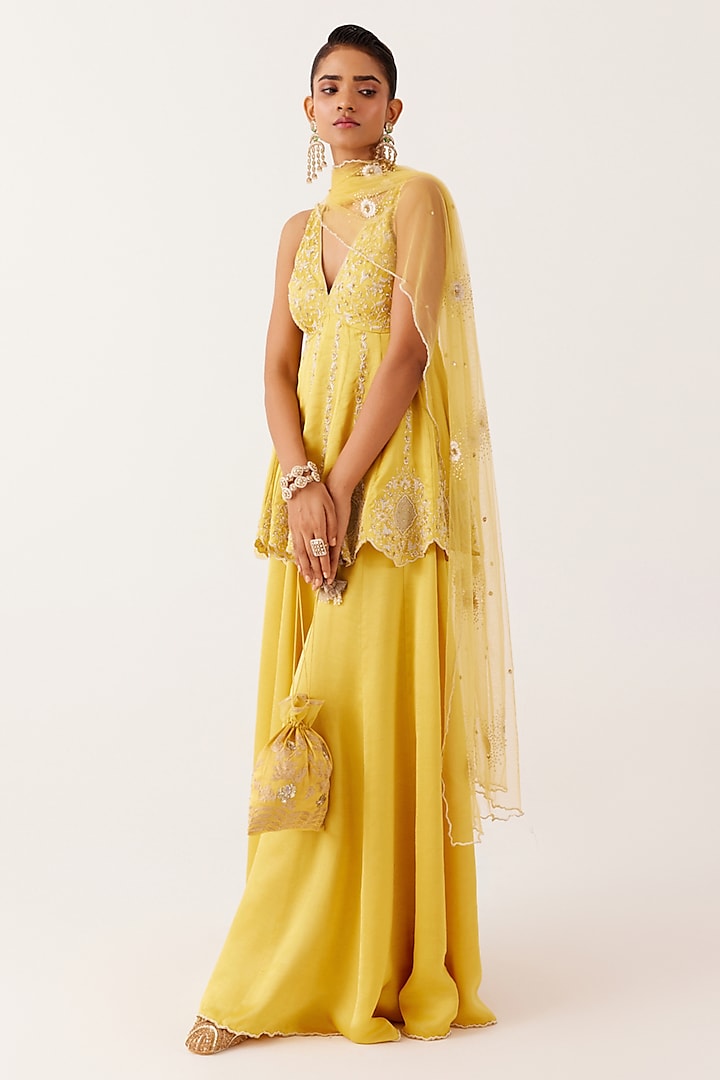 Yellow Silk Satin Sharara Set by Devnaagri at Pernia's Pop Up Shop