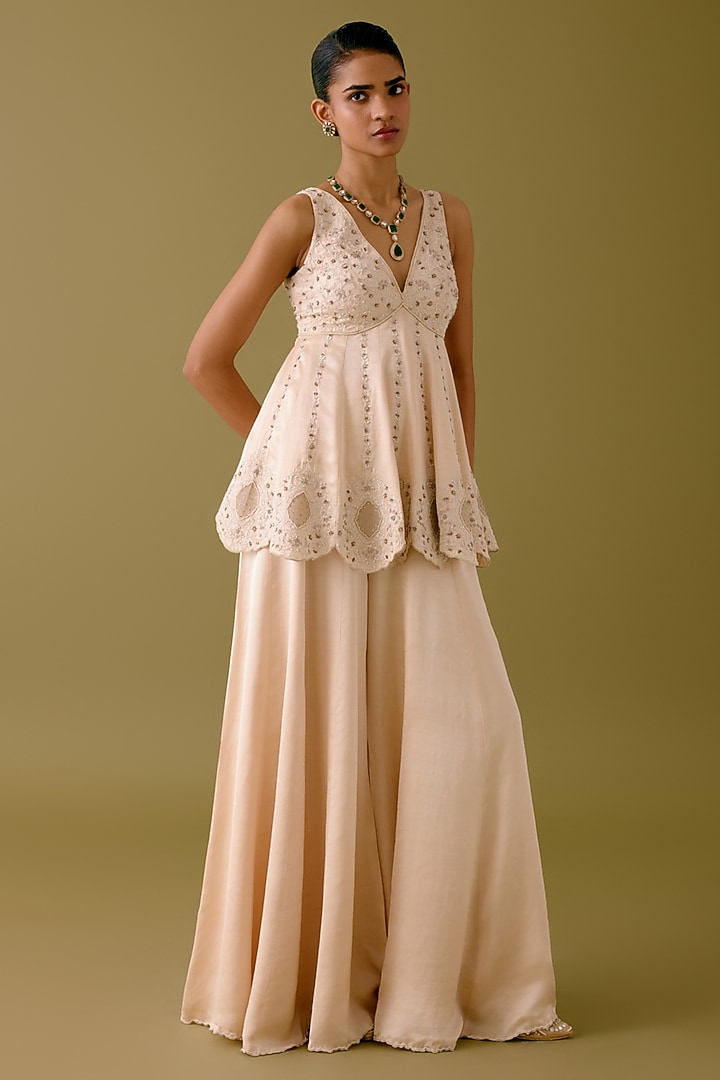 Ivory Silk Satin Bridal Sharara Set by Devnaagri at Pernia's Pop Up Shop