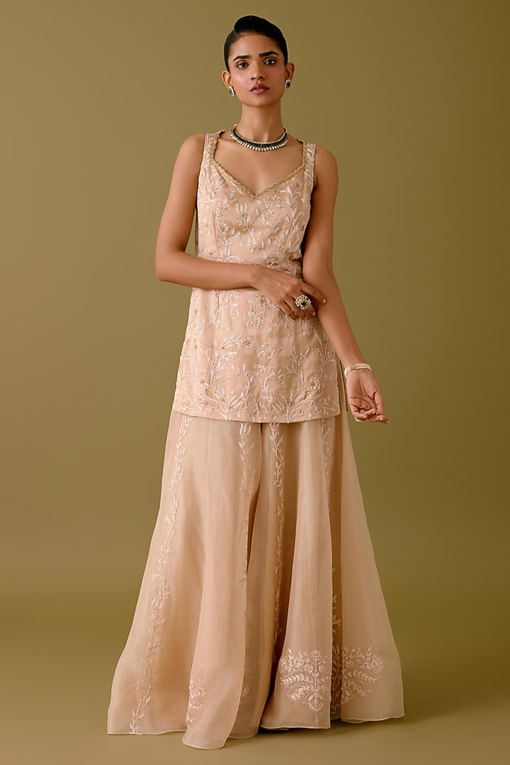 Beige Organza Wedding Sharara Set by Devnaagri at Pernia's Pop Up Shop