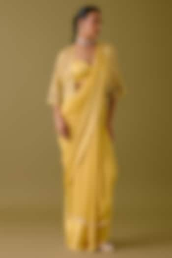 Yellow Georgette Jacket Saree Set by Devnaagri at Pernia's Pop Up Shop