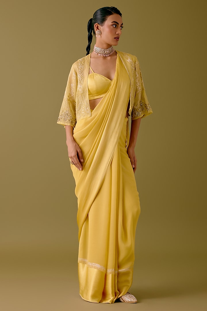 Yellow Georgette Jacket Saree Set by Devnaagri at Pernia's Pop Up Shop