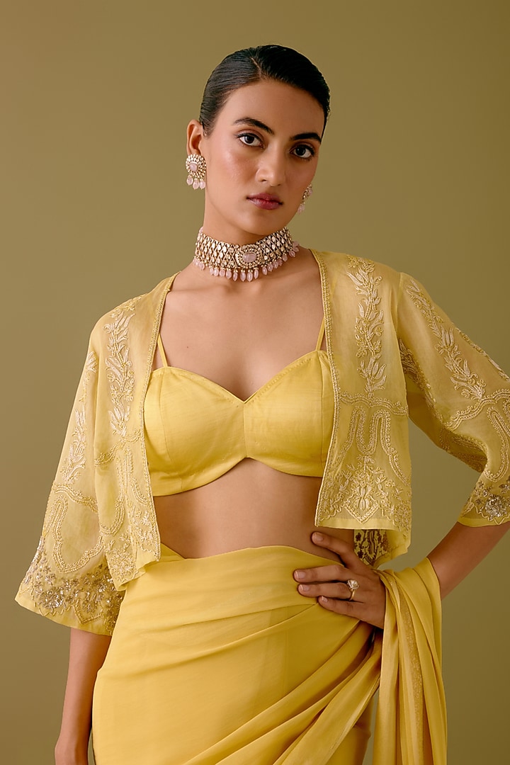 Yellow Georgette Jacket Wedding Saree Set by Devnaagri at Pernia's Pop Up Shop