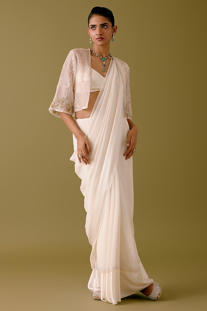 Ivory Georgette Jacket Saree Set by Devnaagri at Pernia's Pop Up Shop