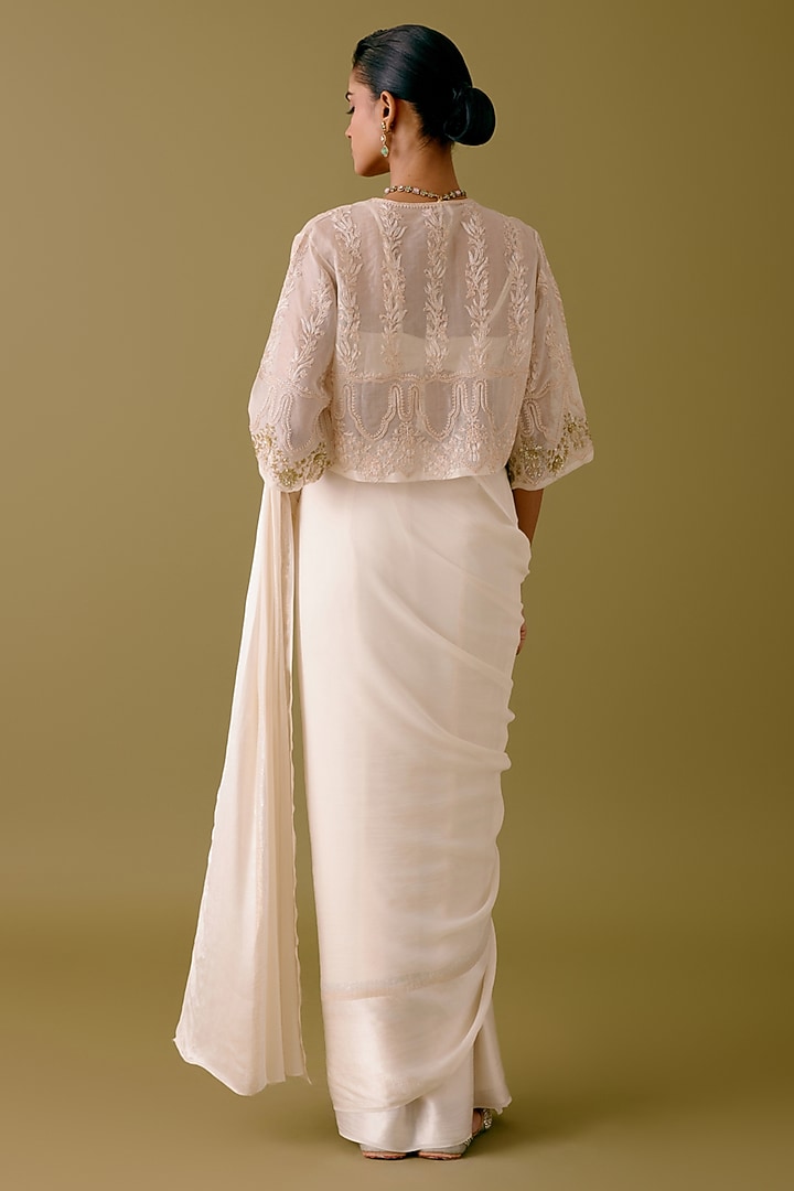 Ivory Georgette Jacket Wedding Saree Set by Devnaagri at Pernia's Pop Up Shop