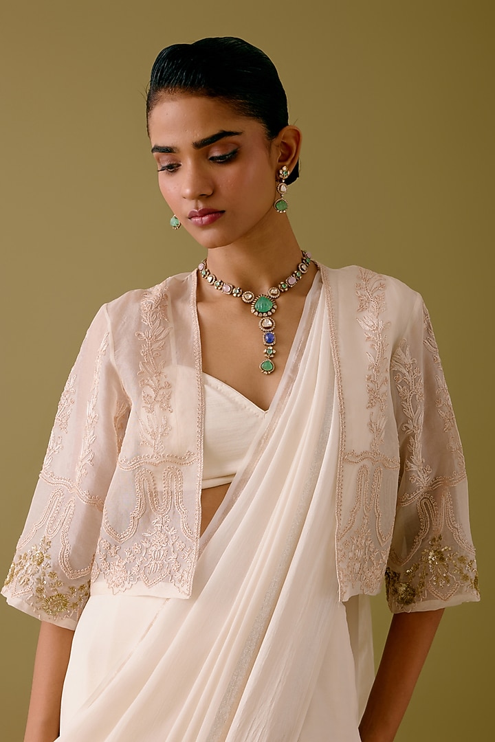 Ivory Georgette Jacket Wedding Saree Set by Devnaagri at Pernia's Pop Up Shop