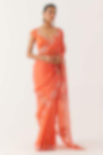 Orange Satin Organza Sequins Embroidered Saree Set by Devnaagri at Pernia's Pop Up Shop