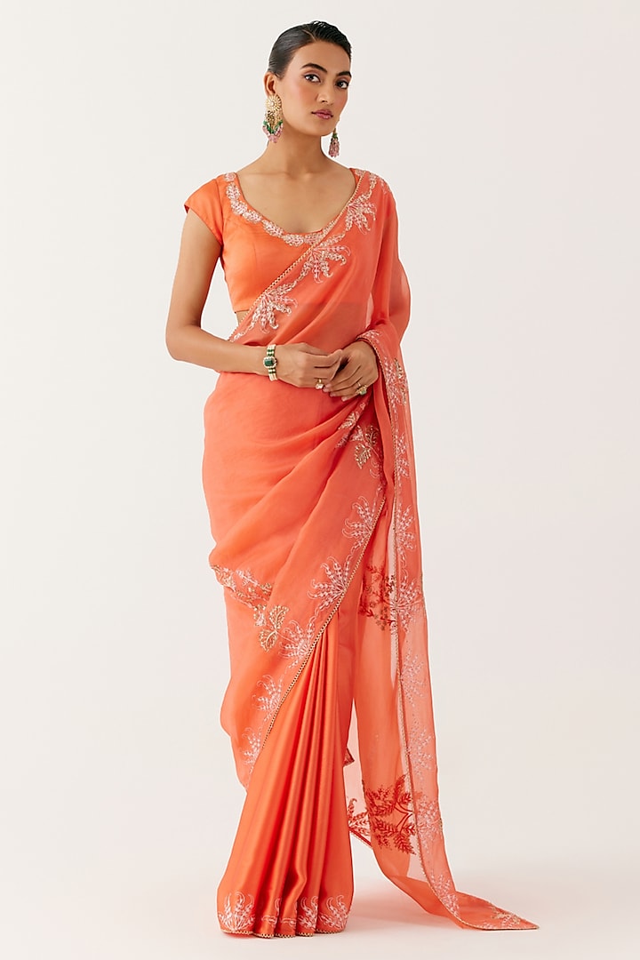 Orange Satin Organza Sequins Embroidered Saree Set by Devnaagri at Pernia's Pop Up Shop