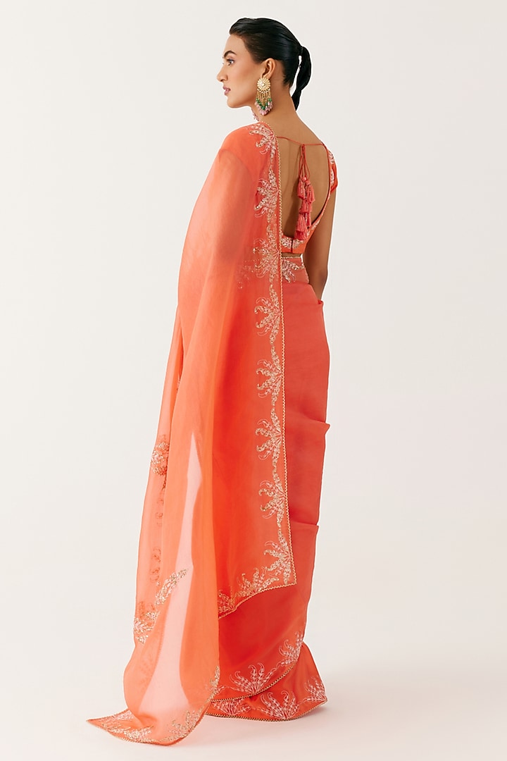 Orange Satin Organza Sequins Embroidered Wedding Saree Set by Devnaagri at Pernia's Pop Up Shop