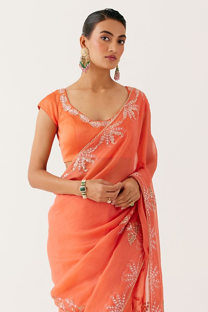 Orange Satin Organza Sequins Embroidered Wedding Saree Set by Devnaagri at Pernia's Pop Up Shop