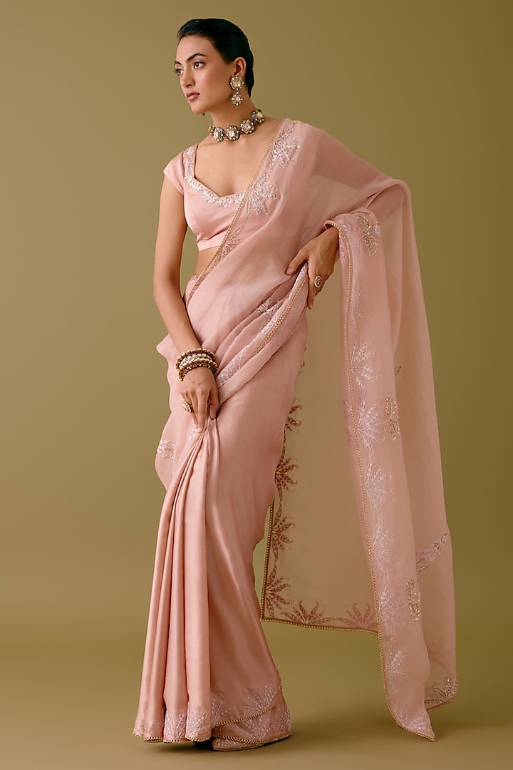 Onion Pink Satin Organza Sequins Embroidered Saree Set by Devnaagri at Pernia's Pop Up Shop