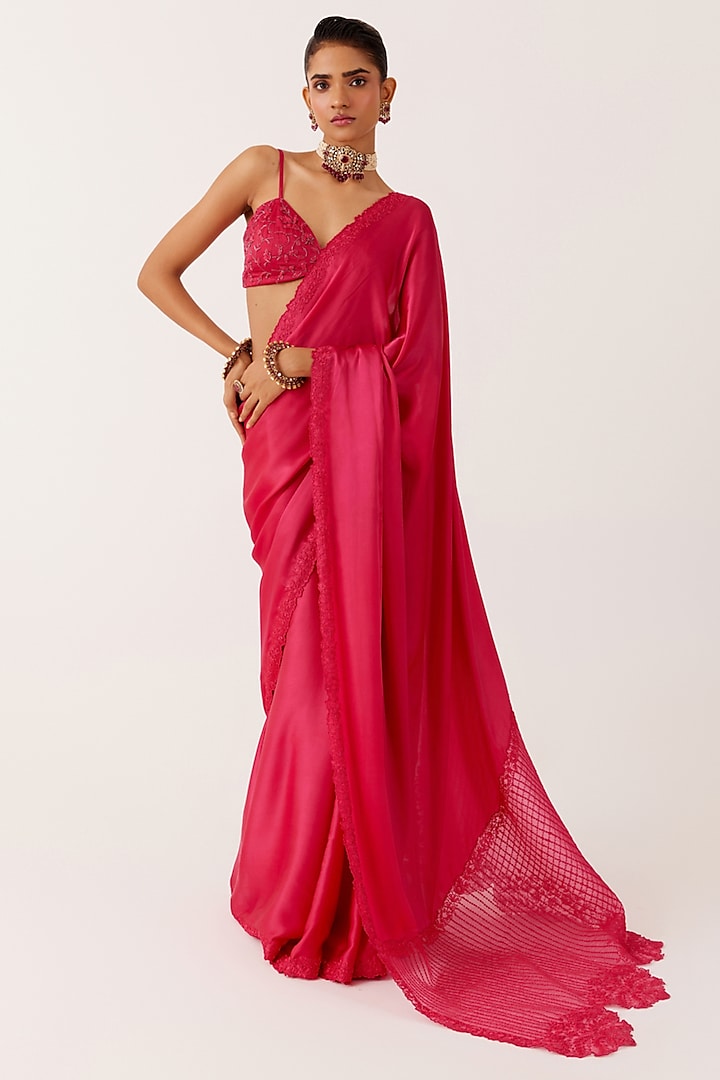 Fuchsia Pink Satin Organza Saree Set by Devnaagri at Pernia's Pop Up Shop