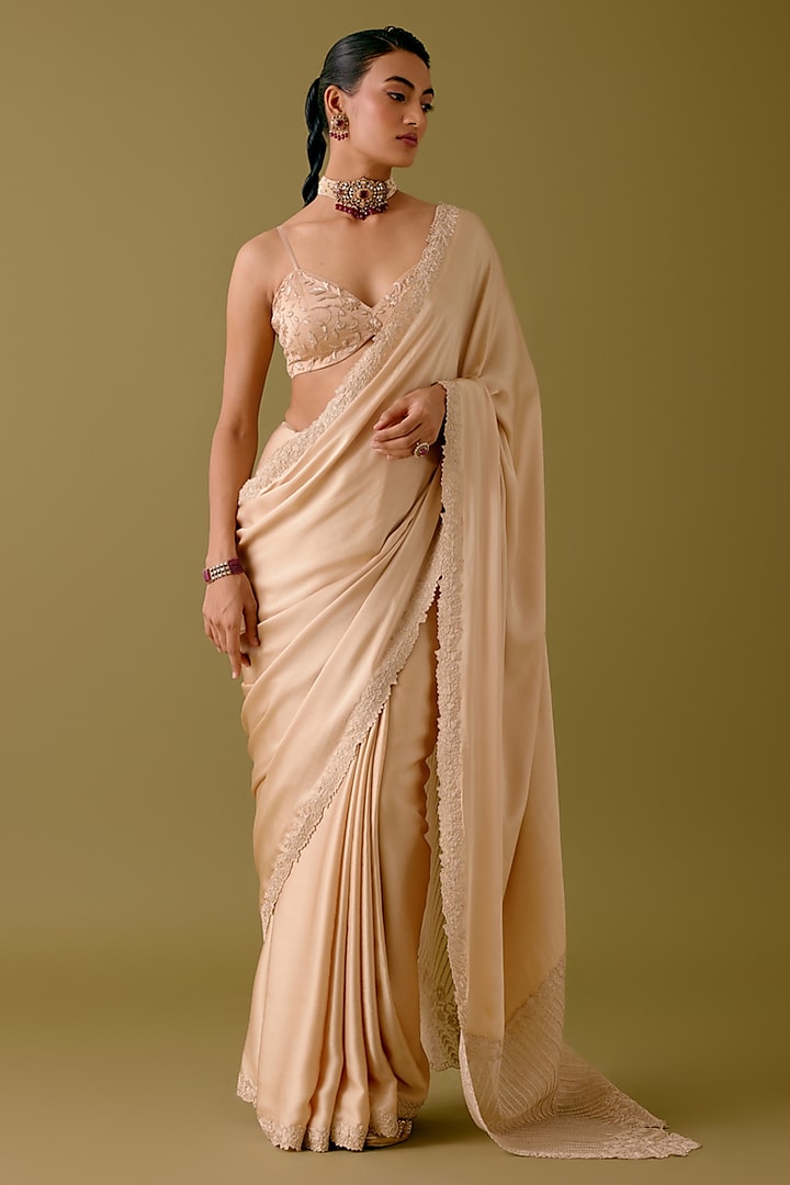 Gold Beige Satin Organza Saree Set by Devnaagri at Pernia's Pop Up Shop