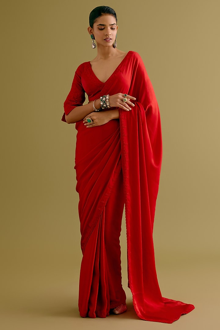 Ruby Red Satin Embroidered Saree Set by Devnaagri at Pernia's Pop Up Shop