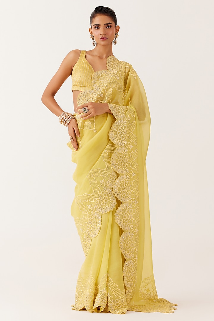 Yellow Silk Organza Sequins Embroidered Saree Set by Devnaagri at Pernia's Pop Up Shop